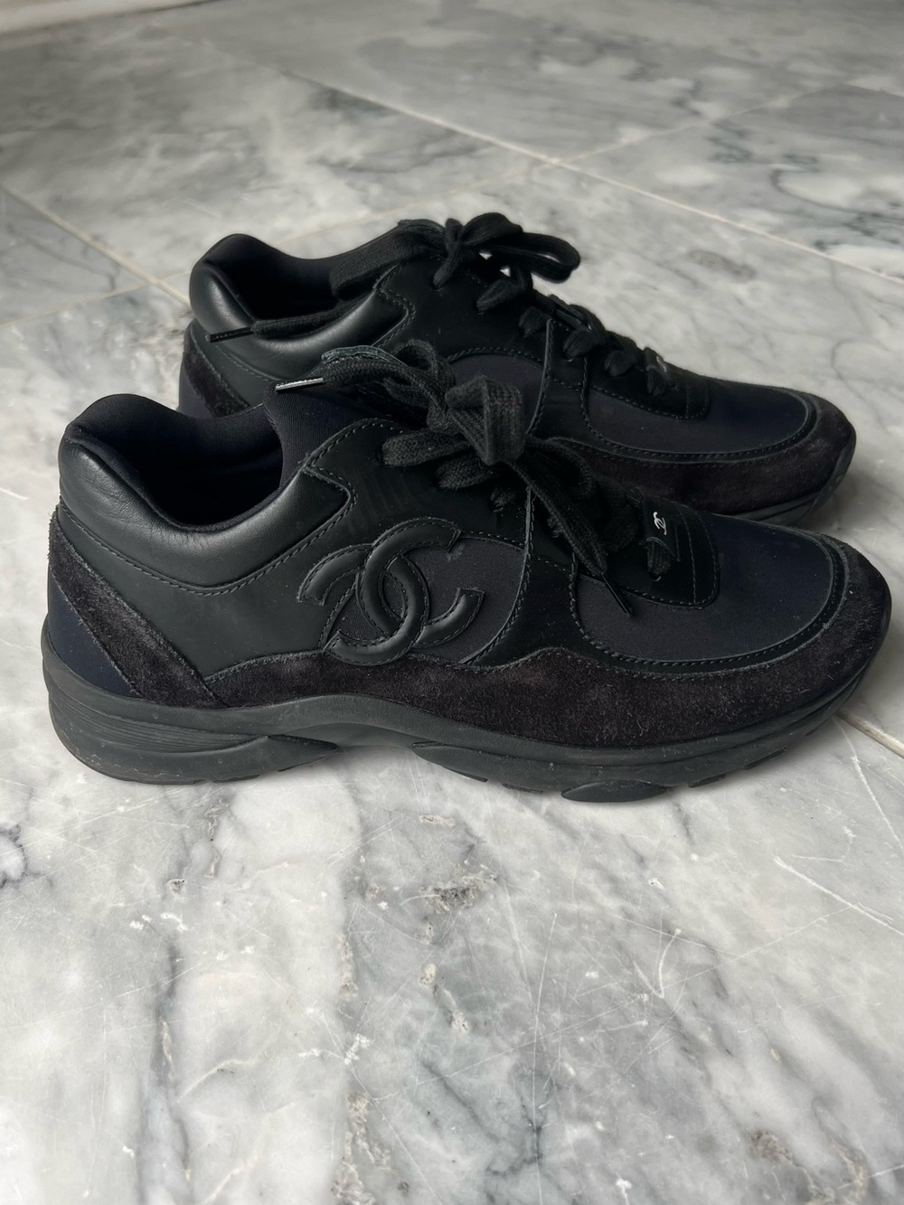 Chanel Triple Black Suede and Leather CC Sneakers women’s size 7.5